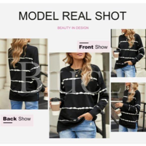 Women’s LARGE NWOT Black Long Sleeve Crewneck Striped Print - Picture 3 of 5